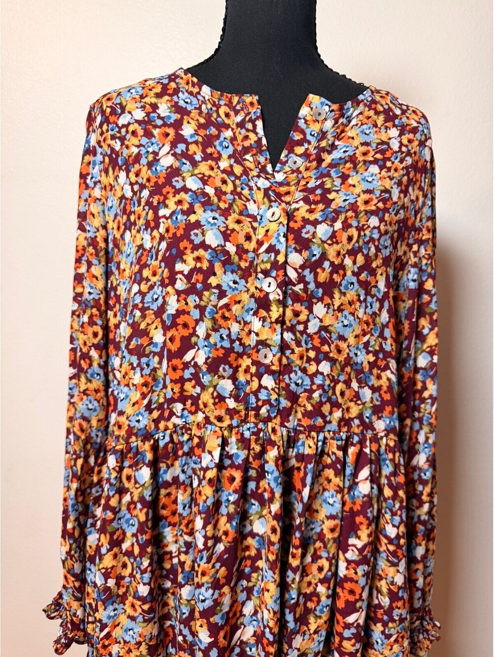Emma Michele Burgundy Floral Midi Dress L Long Sleeve Button Front